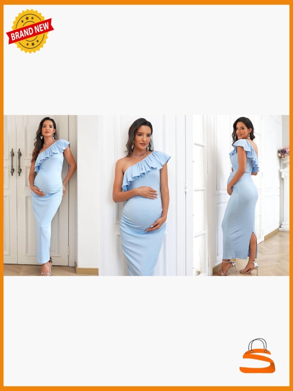One Shoulder Ruffle Maternity Maxi Dress Ruched Summer Photoshoot - Picture 7 of 7